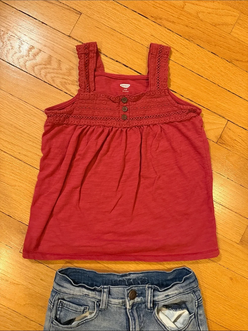 Girls Red Tank Top & Embroidered Denim Jeans Set